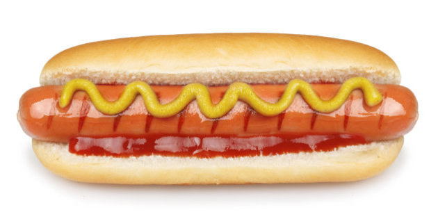 Hot dog grilled with mustard and ketchup on a bun