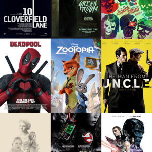 9 posters Deadpool Green room Suicide Squad 10 Cloverfield Lane Zootopia Man From UNCLE Certain Women Ghostbuster 2016 XMen Apocalypse